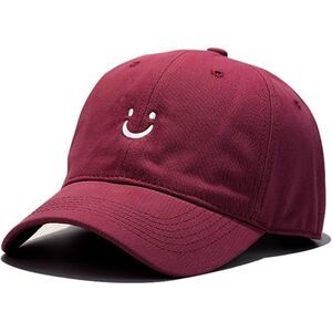 Unisex Burgundy 100% Cotton Smile Face Embroidered Adjustable Size Baseball Cap